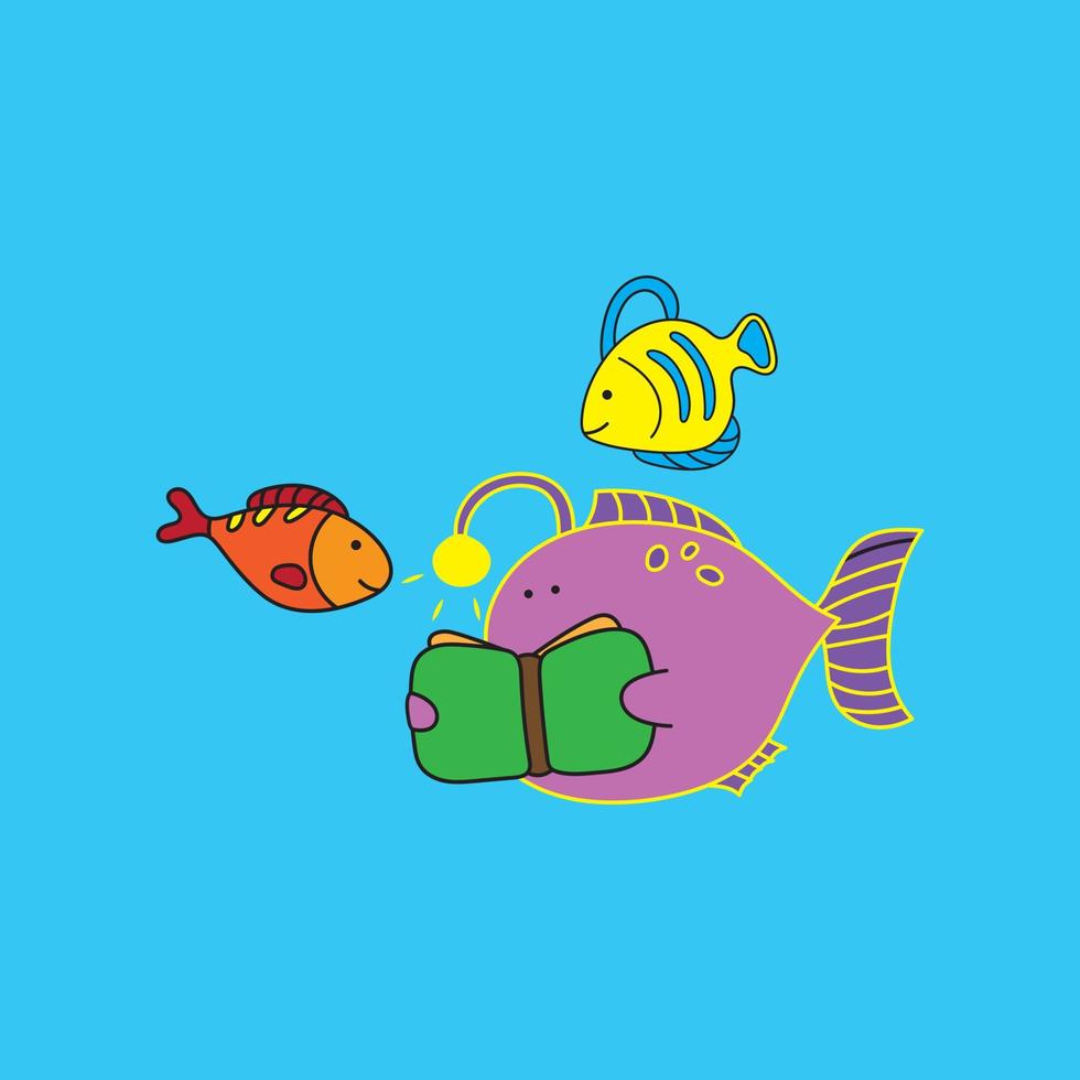 illustrazione vettore grafico bambini disegno stile divertente carino pesce lanterna lettura libro con amici nel un' cartone animato stile..eps