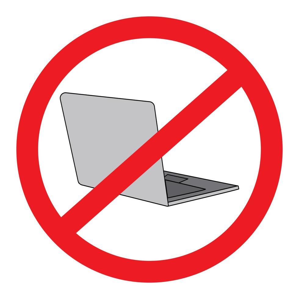 isometrico il computer portatile nel occhiali da sole di grigio sotto un' rosso proibitivo cartello. isolato. etichetta. icona vettore