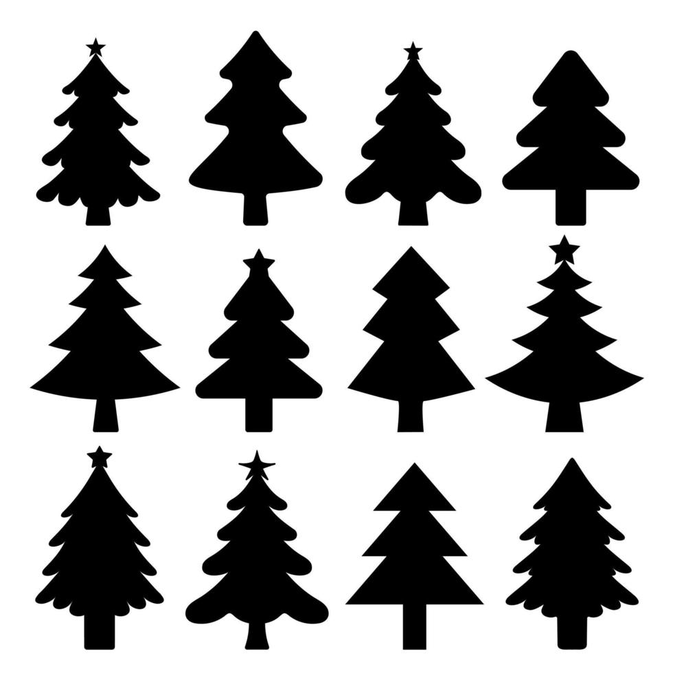 Natale albero nero silhouette collezione. diverso genere e forme abeti su bianca sfondo. modello per laser, carta taglio, carte, volantini, Stampa, album di ritagli. vettore