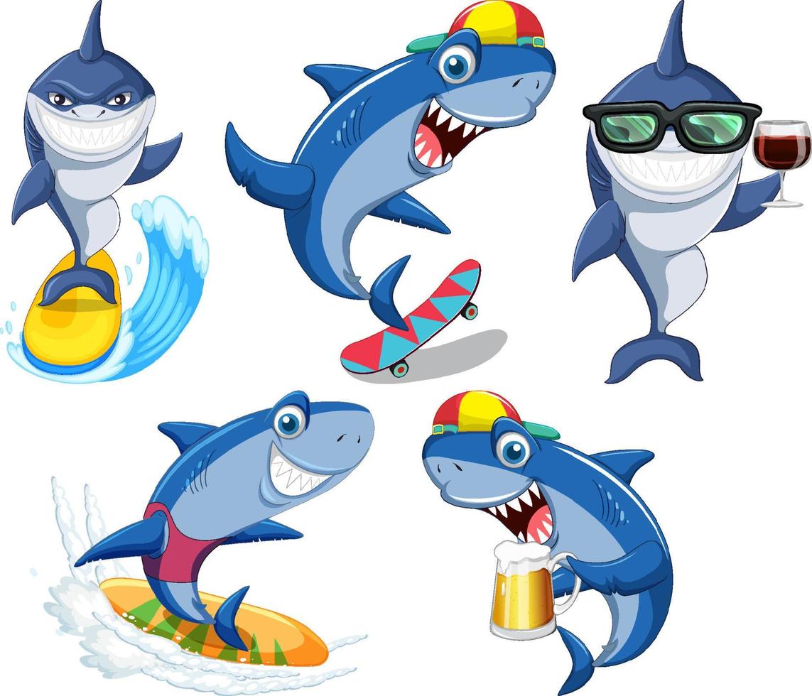impostato di estate squalo cartone animato personaggio vettore
