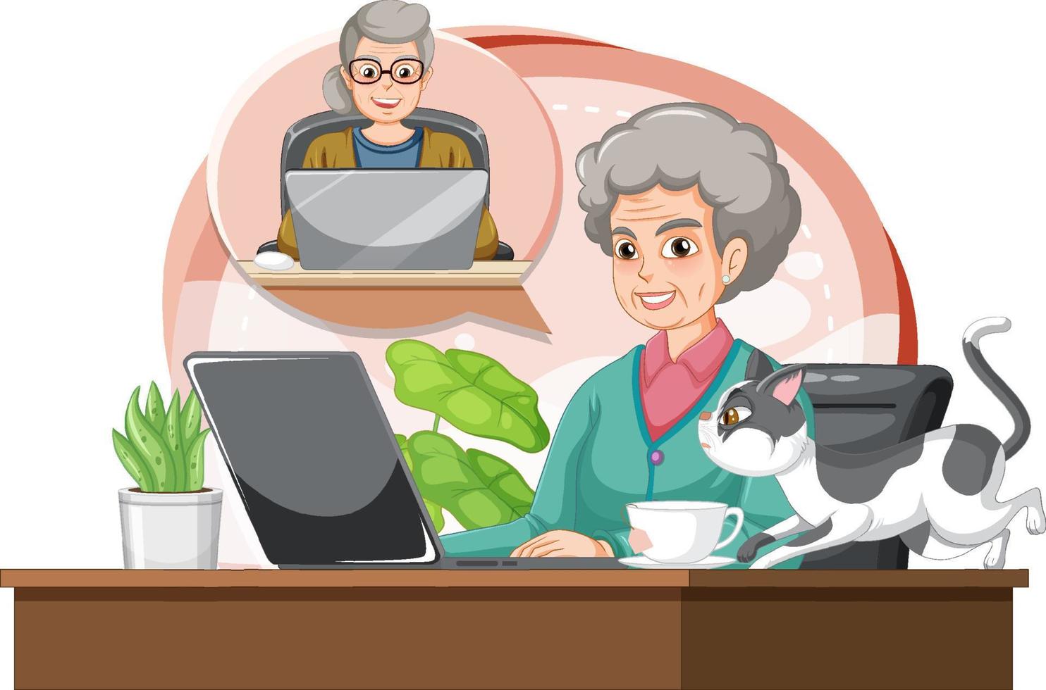 anziano donna utilizzando il computer portatile su scrivania vettore