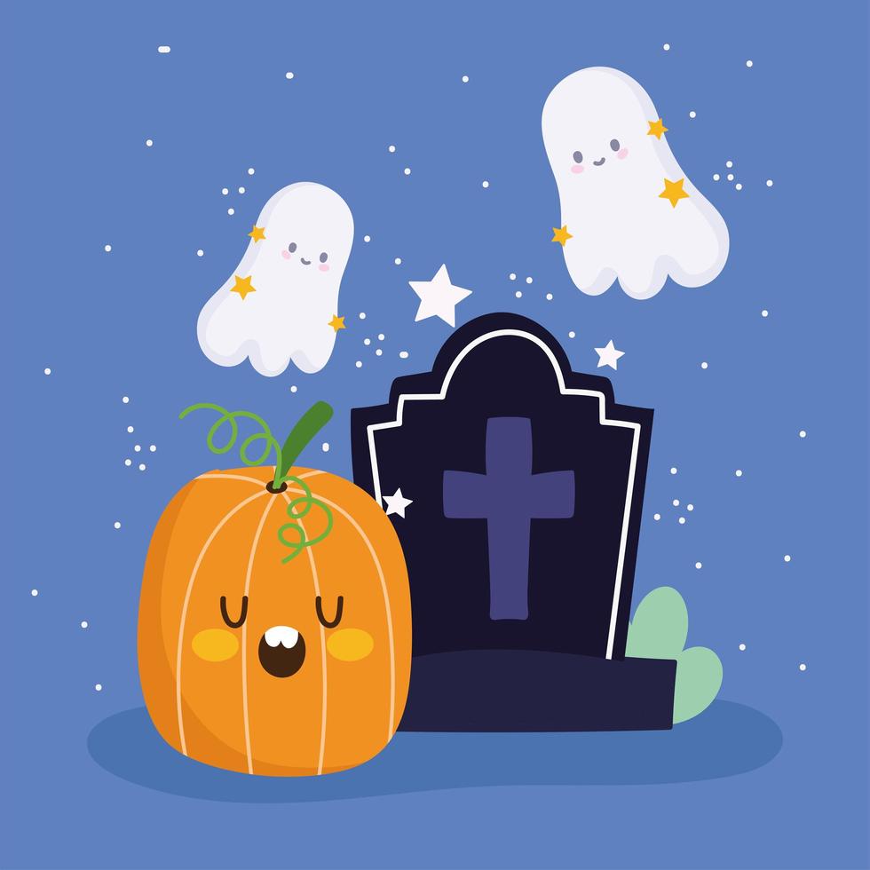 felice halloween, zucca, pietra tombale, fantasmi e stelle vettore