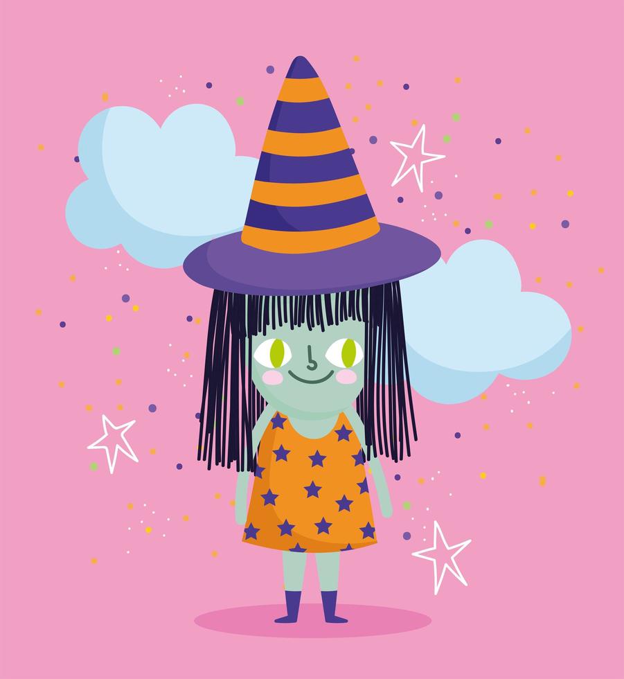 felice halloween, costume da strega, nuvole e stelle vettore