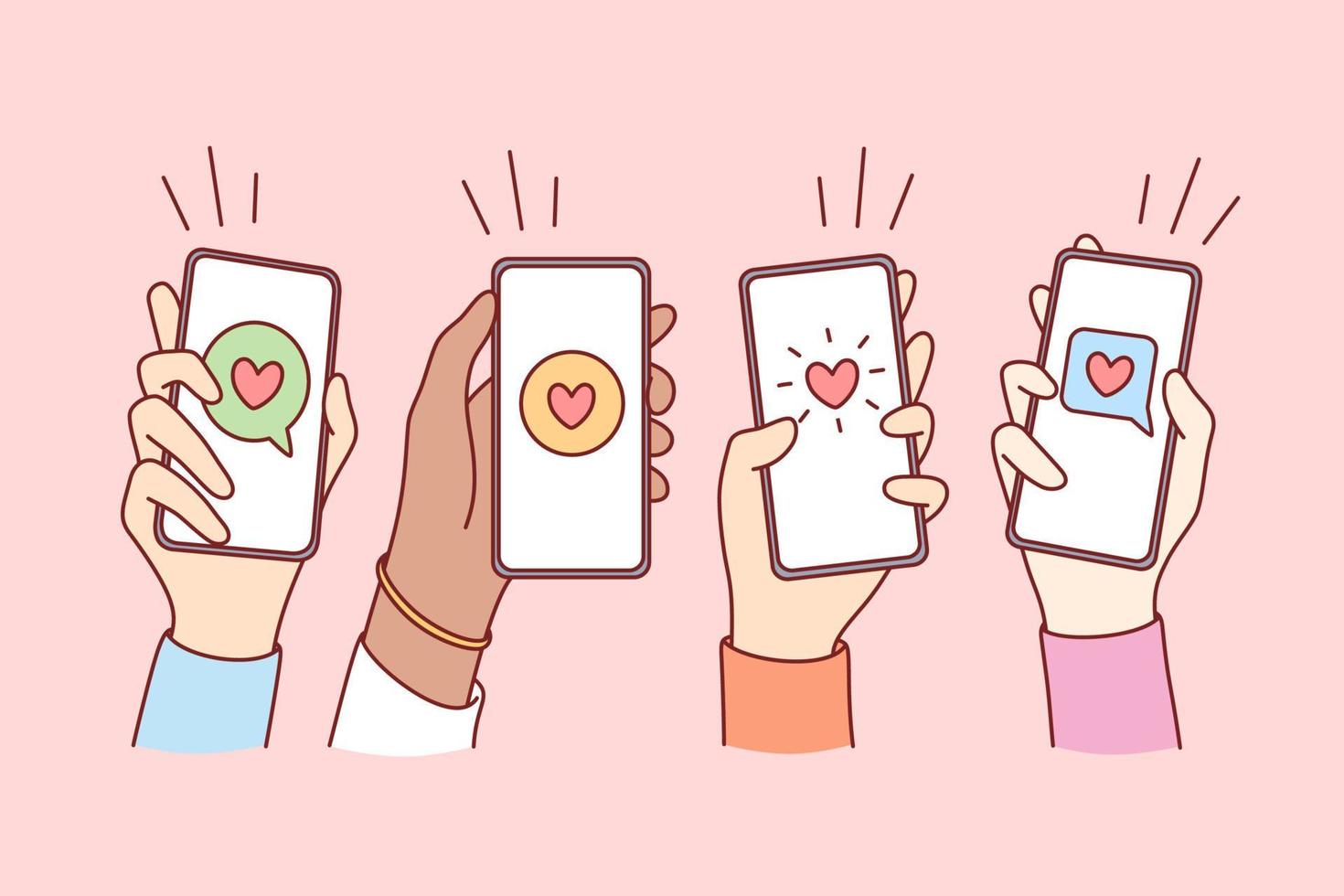 in linea datazione, amore e mobile concetto. mani di persone Tenere smartphone con cuori e comunicazione chat su schermi vettore illustrazione