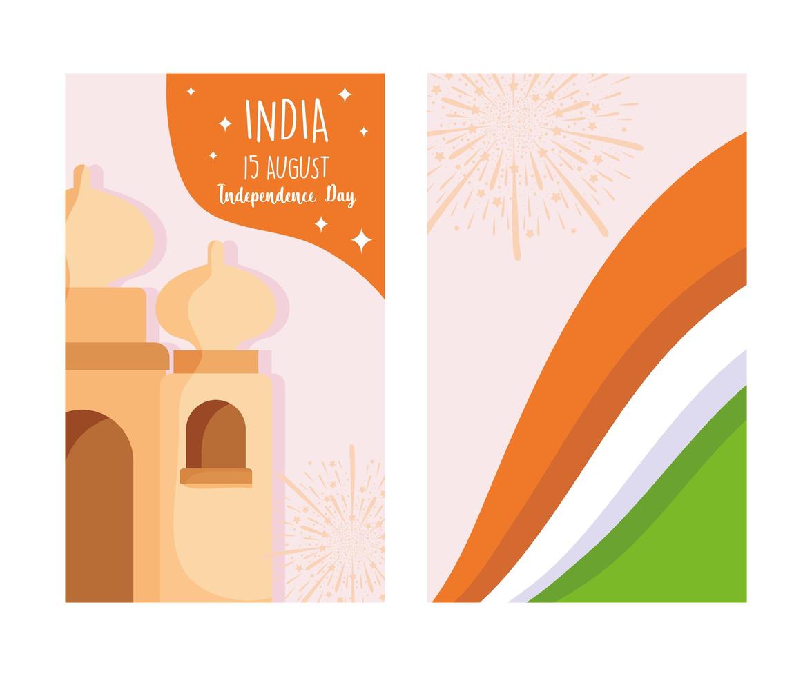 felice giorno dell'indipendenza india, bandiera del taj mahal e fuochi d'artificio vettore