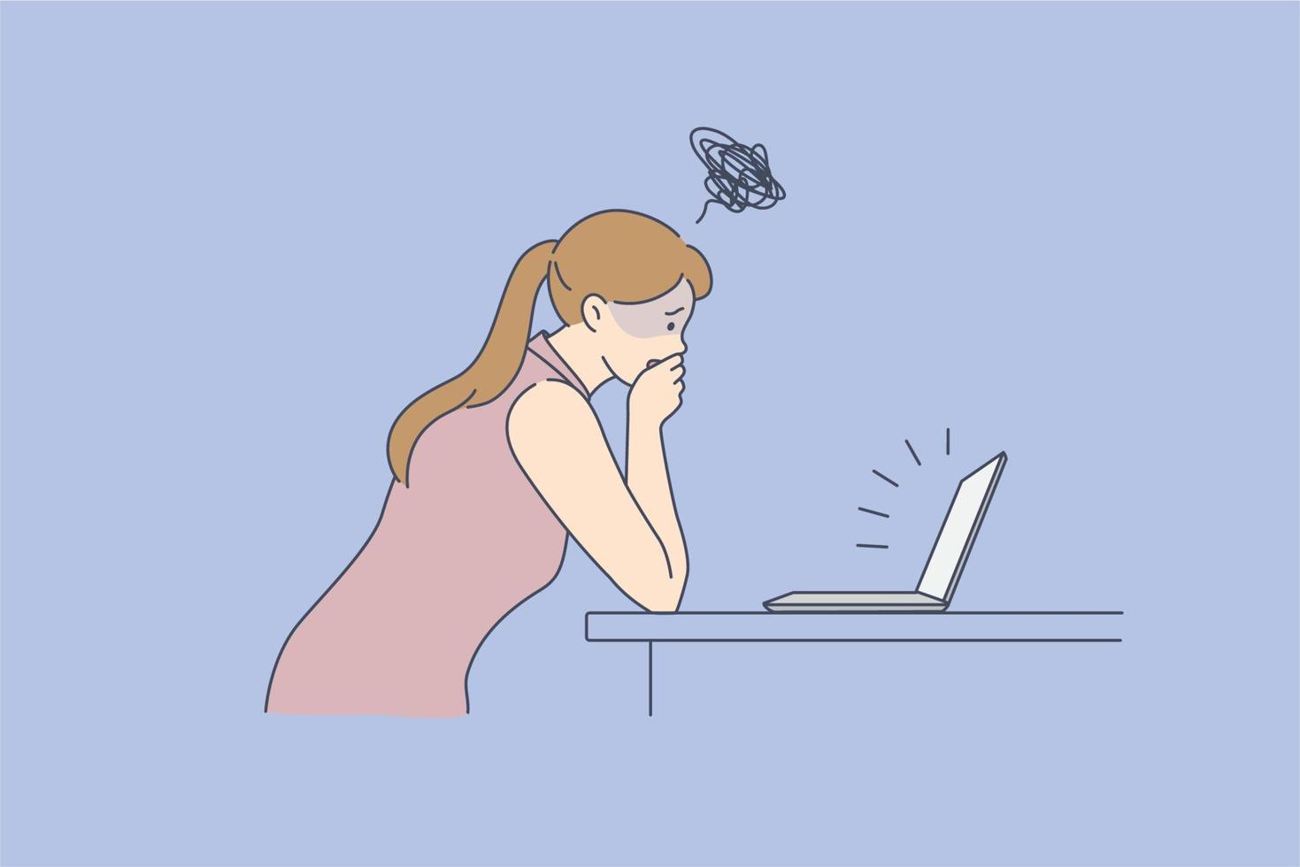 cattivo notizia in linea a partire dal Internet concetto. giovane stressato donna in piedi guardare a il computer portatile schermo copertura lipe con mano sensazione scioccato con cattivo notizia vettore illustrazione