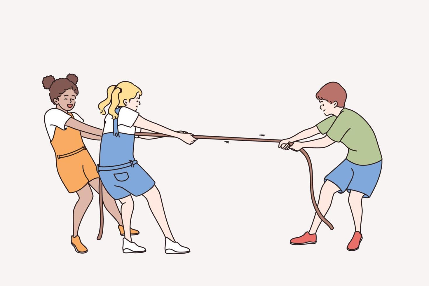 contento giocoso infanzia tempo libero concetto. gruppo di bambini bambini amici in piedi giocando corda insieme provando per vincere all'aperto vettore illustrazione