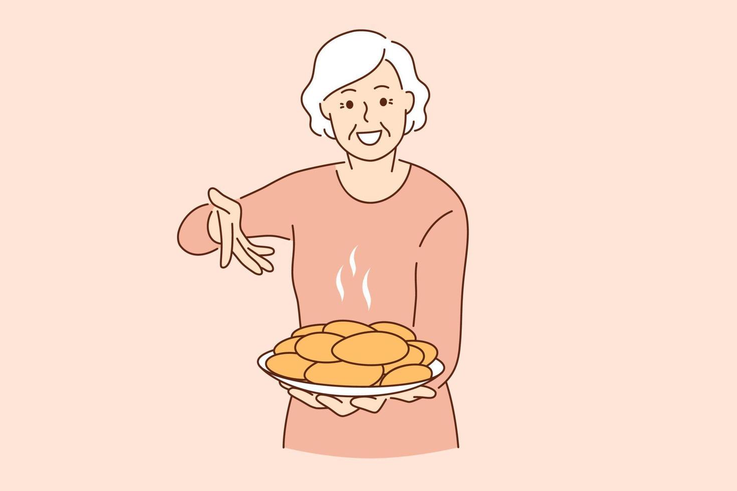 trattamento a partire dal nonna e cibo concetto. sorridente contento anziano donna nonna Tenere piatto pieno di appena al forno torte torte vettore illustrazione