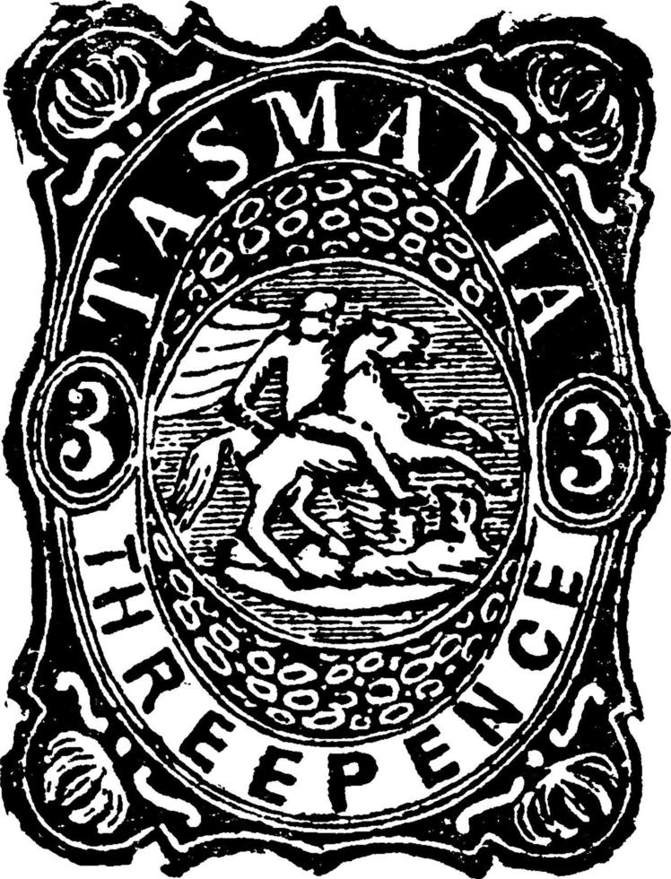 tasmania tre penny reddito francobollo nel 1882, Vintage ▾ illustrazione. vettore