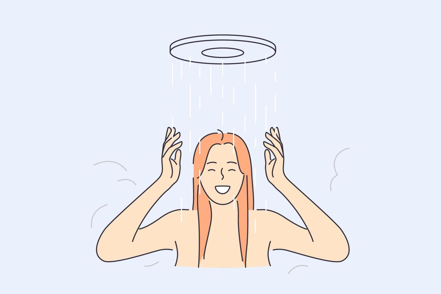 assunzione doccia e rilassamento concetto. giovane sorridente femmina in piedi godendo morbido doccia acqua gocce fare benessere procedura trattamento vettore illustrazione