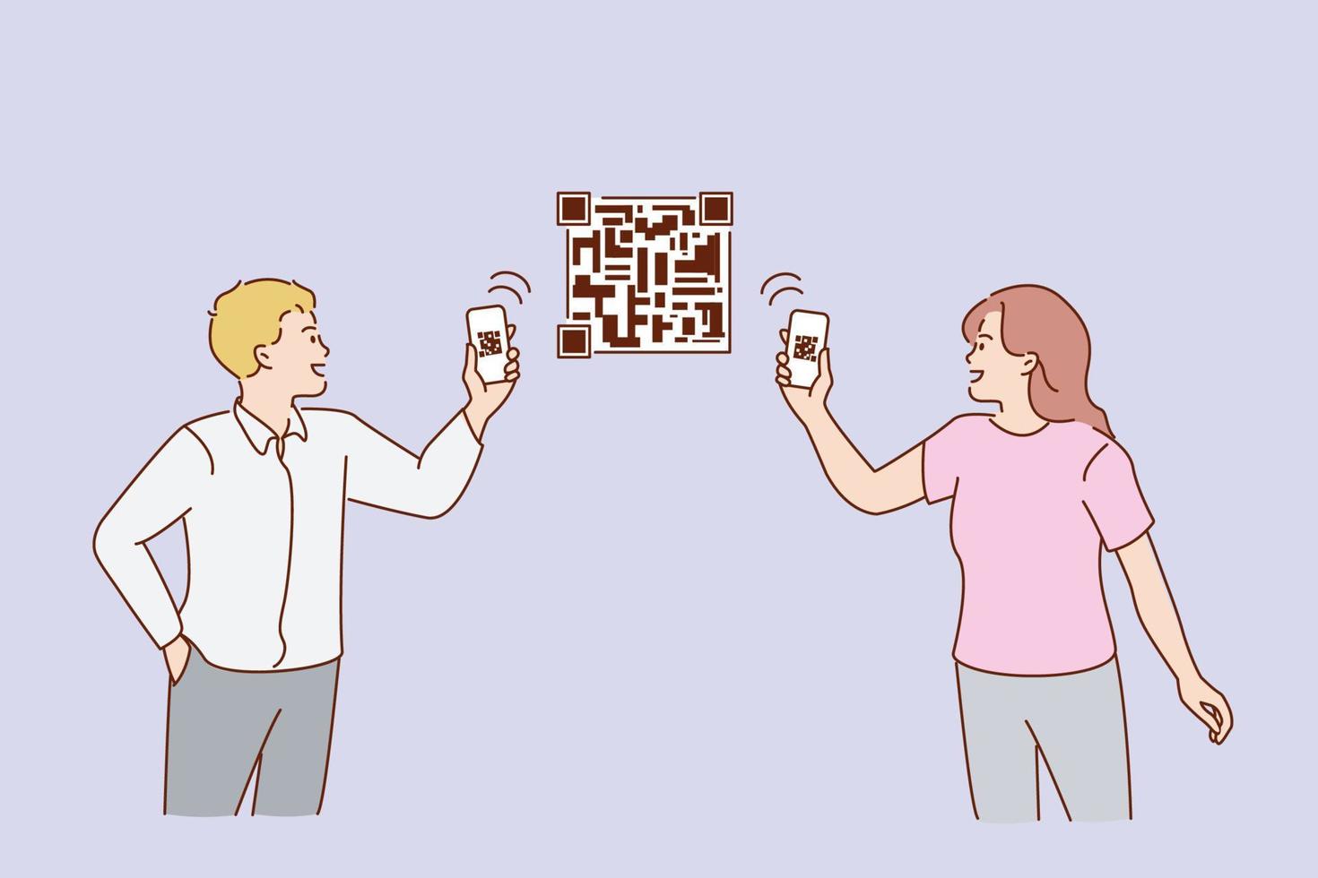 lettura qr codici con Telefono concetto. giovane coppia uomo e donna in piedi Tenere smartphone e lettura qr codici su immagine insieme in linea vettore illustrazione