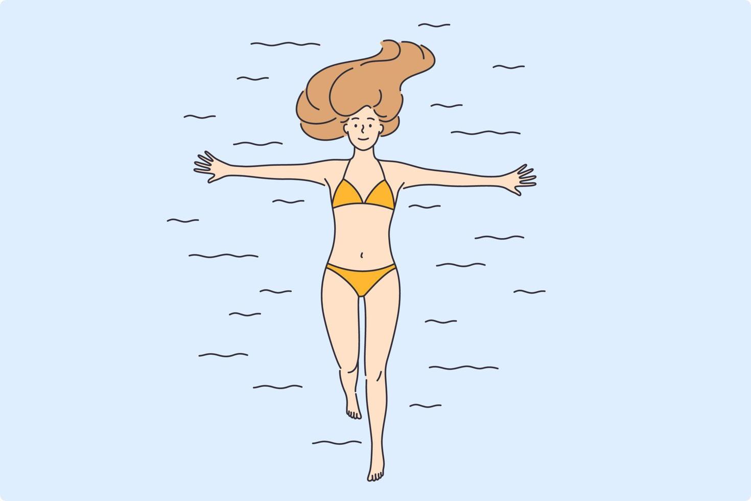 tempo libero attività e rilassamento concetto. piatto-lay di giovane contento femmina cartone animato personaggio rilassante nel mare oceano o nuoto nel piscina nel bikini vettore illustrazione, superiore Visualizza
