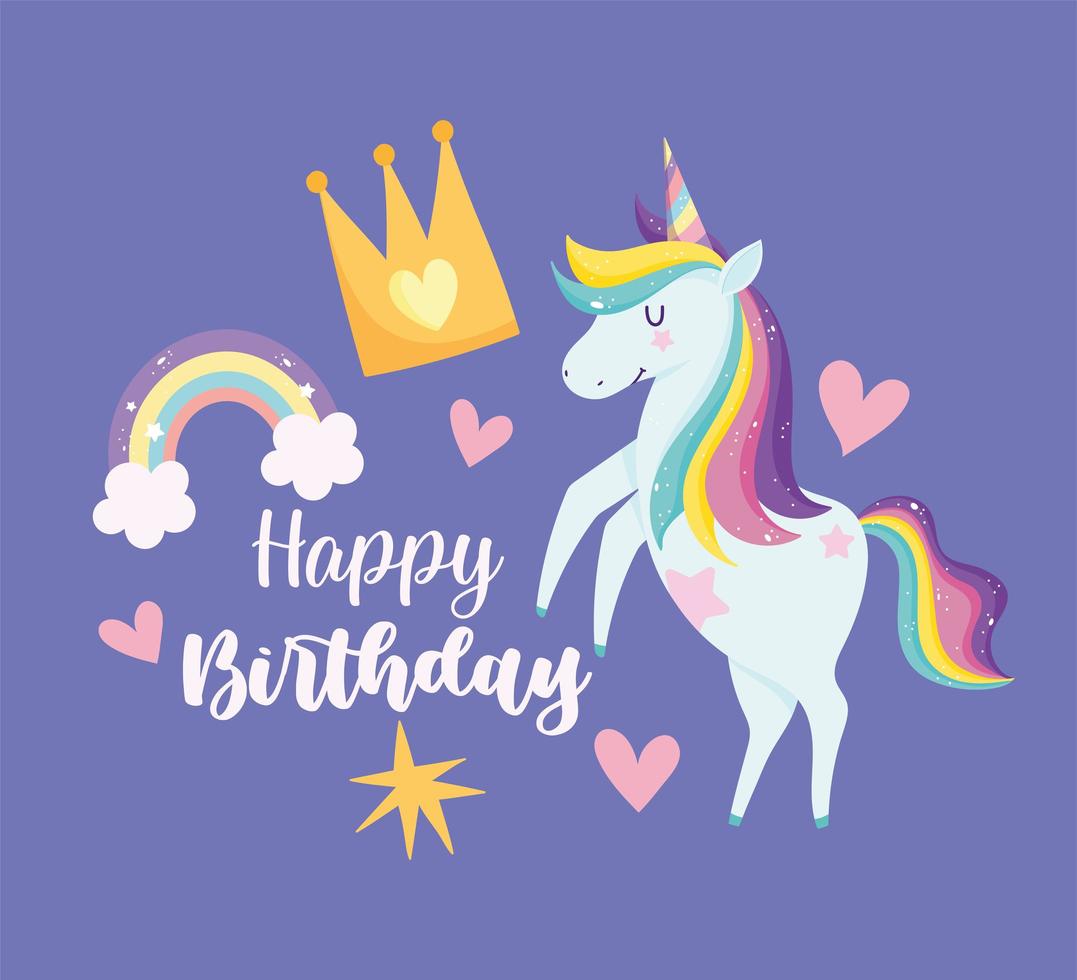 biglietto di auguri di compleanno con unicorno magico colorato vettore