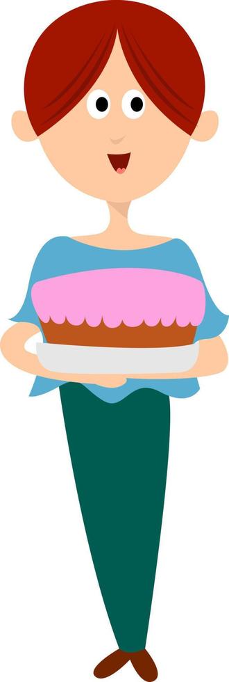 donna con torta, illustrazione, vettore su bianca sfondo.