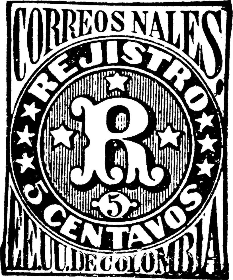 colombiano repubblica 5 centavos registrazione francobollo, 1870, Vintage ▾ illustrazione vettore