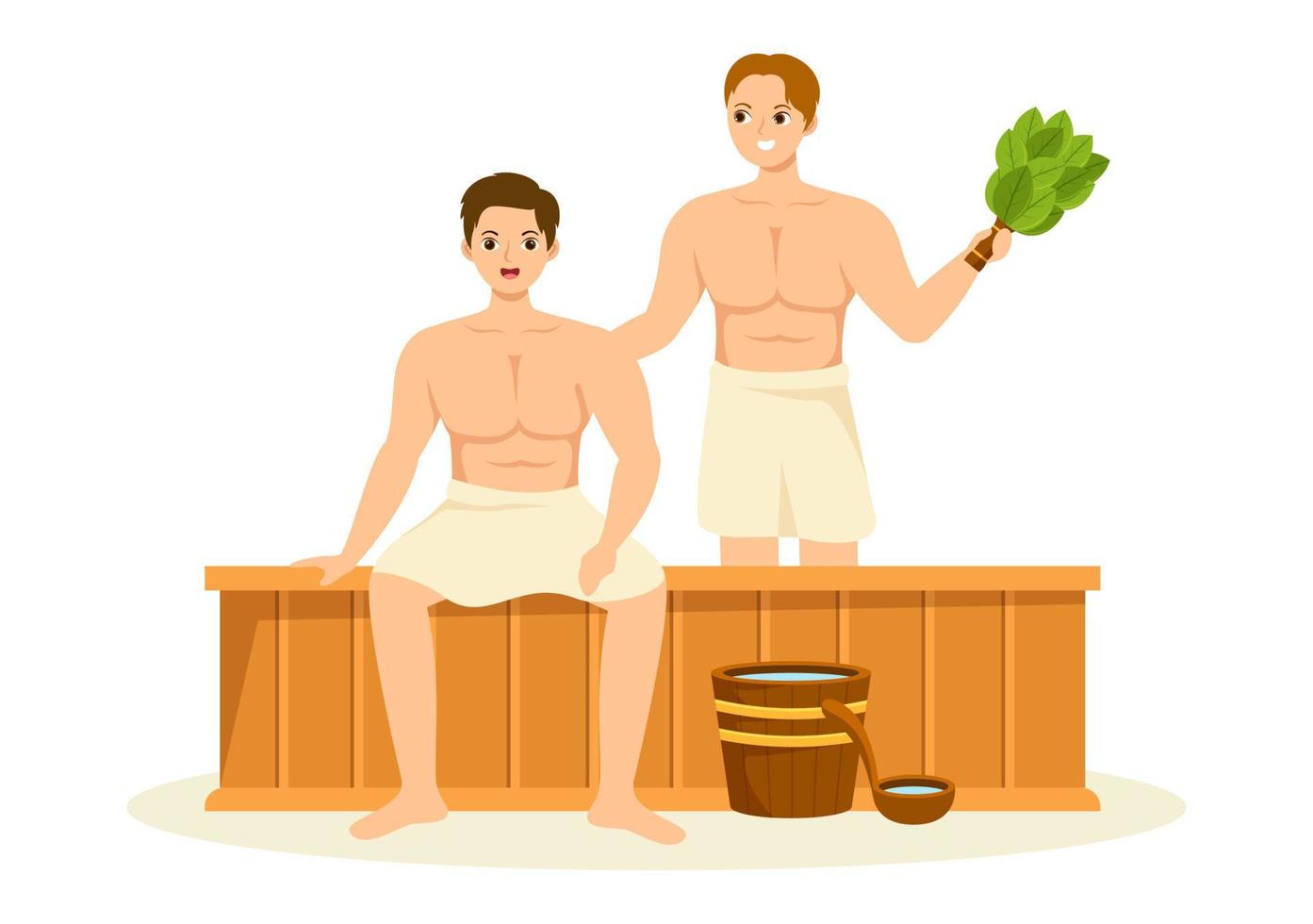 sauna e vapore camera con persone relax, lavaggio loro corpi, vapore o godendo tempo nel piatto cartone animato mano disegnato modelli illustrazione vettore