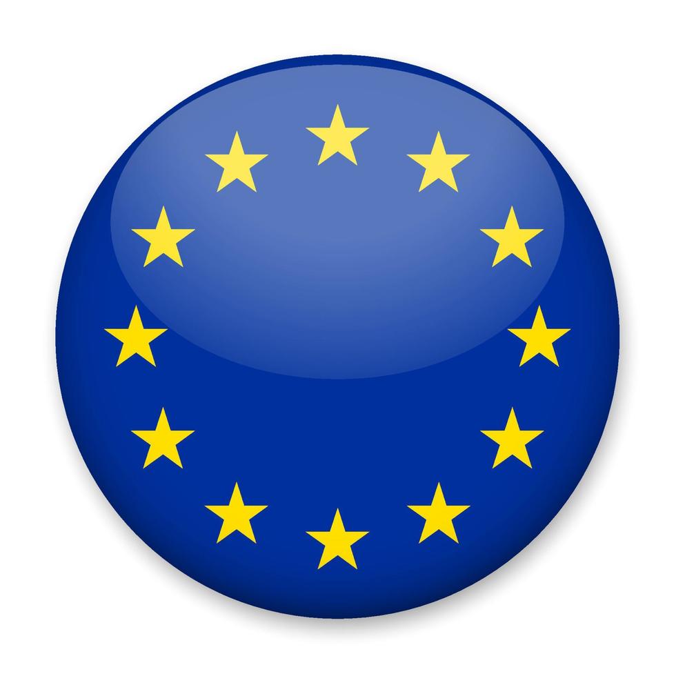 bandiera di europeo unione nel il modulo di un' il giro pulsante con un' leggero bagliore e un' ombra. il simbolo di indipendenza giorno, un' souvenir, un' pulsante per commutazione il linguaggio su il luogo, un icona. vettore