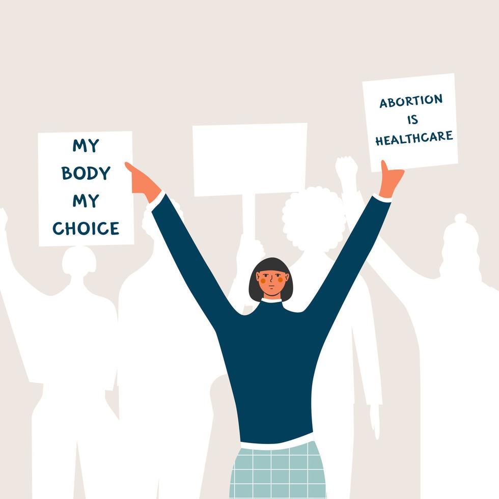 donne contestatore Tenere cartelli aborto è Salute cura e mio corpo mio scelta. aborto diritti dimostrazione. supporto il proteste contro. vettore