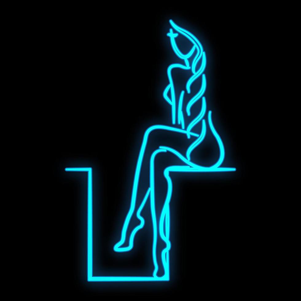 luminosa luminoso blu neon cartello per un' bellezza salone terme sauna bagno bellissimo bellissimo brillante bellezza terme con un' seduta donna con un' sottile figura e gambe su un' nero sfondo. vettore illustrazione