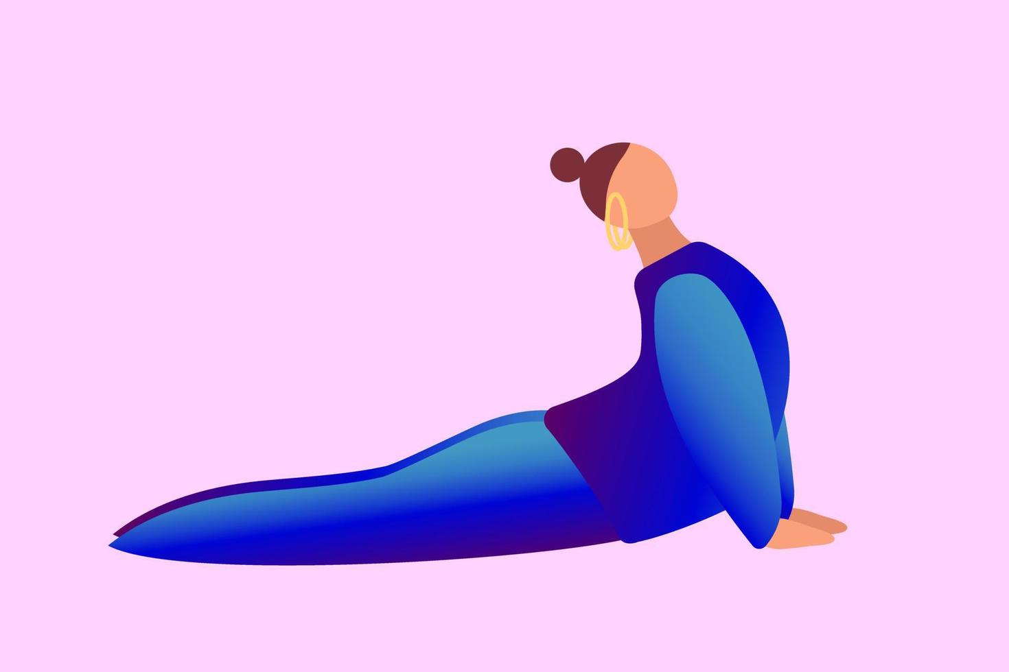 un' donna nel blu Abiti dire bugie nel un' cobra posa. il cartone animato personaggio fa yoga. concetto di equilibrio, salutare stile di vita, gli sport, armonia vettore
