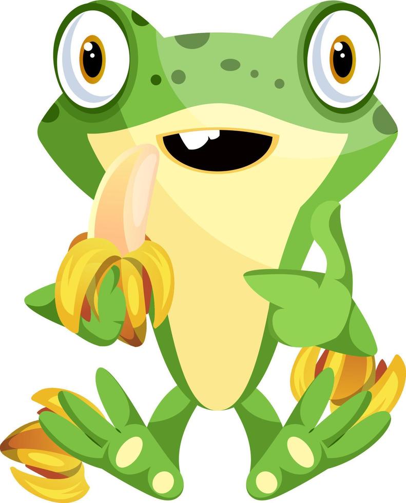 carino cartone animato rana mangiare banane, illustrazione, vettore su bianca sfondo.