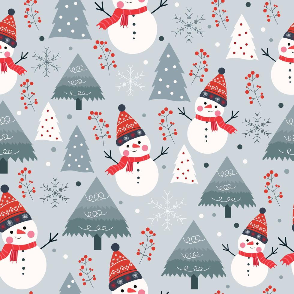 Natale senza soluzione di continuità modello con carino pupazzo di neve e Natale albero inverno vettore