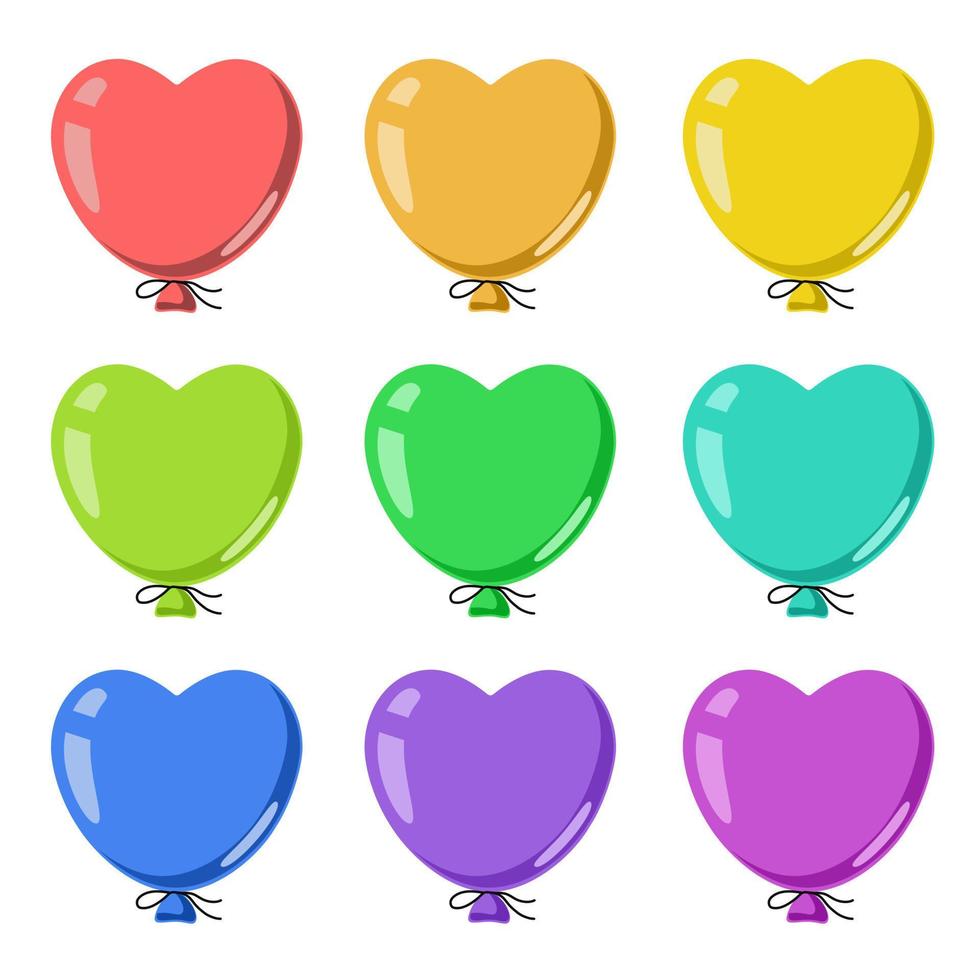 un' impostato di colorato icone, luminosa festivo palloncini nel il forma di un' cuore, vettore illustrazione nel il piatto stile su un' bianca sfondo
