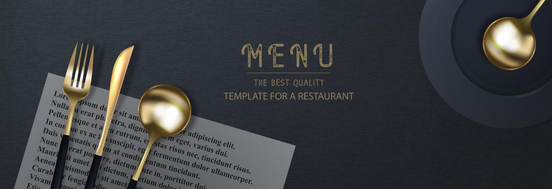 realistico 3d d'oro forchetta, coltello e cucchiaio su un' nero grunge sfondo. alla moda moderno manifesto per un' ristorante. superiore Visualizza vettore illustrazione.