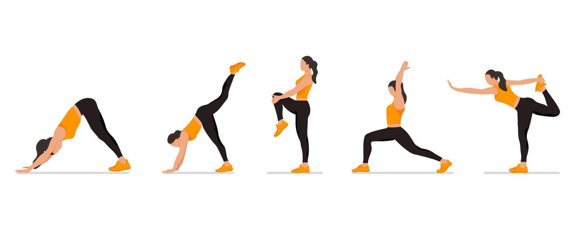 impostato di pose senza volto donna yoga e allungamento, collezione di femmina cartone animato yoga posizioni isolato su bianca sfondo, pieno corpo yoga allenarsi vettore