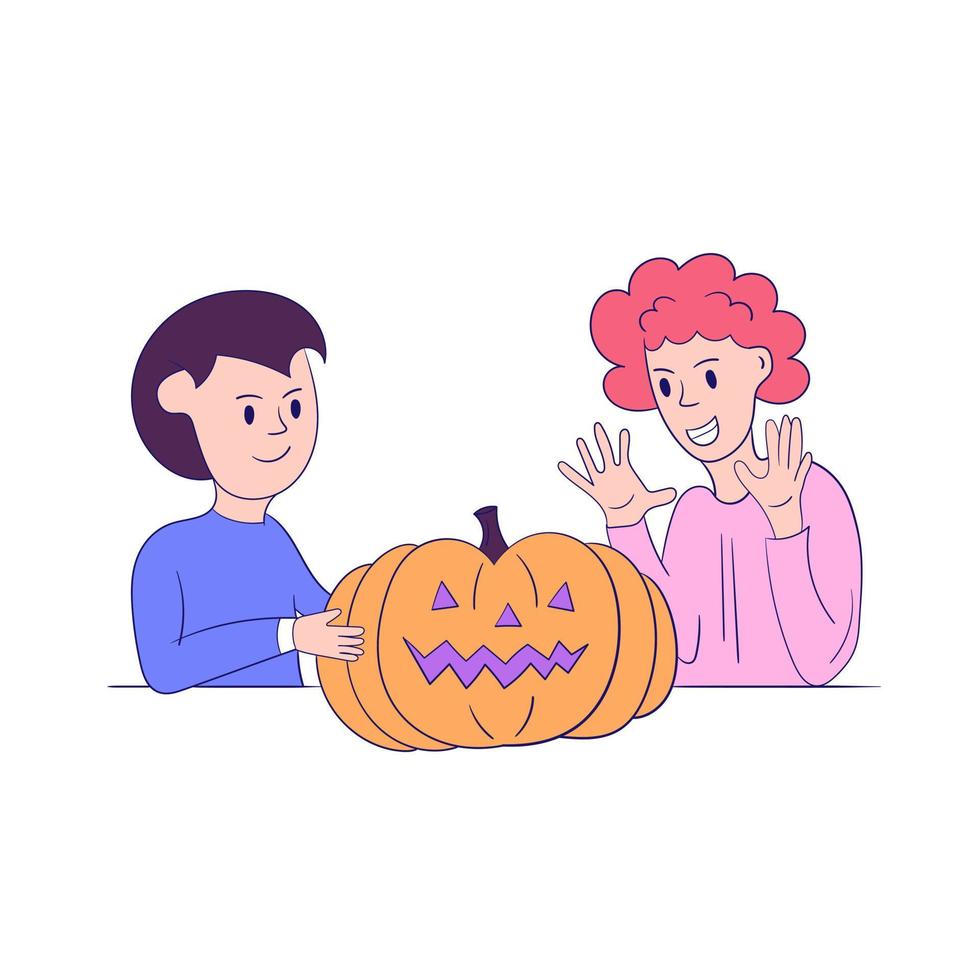 il ragazzo hanno dato un' zucca per il ragazza. Halloween illustrazione. moderno stile, magro Linee e moderno colori. design per striscione, aviatore vettore