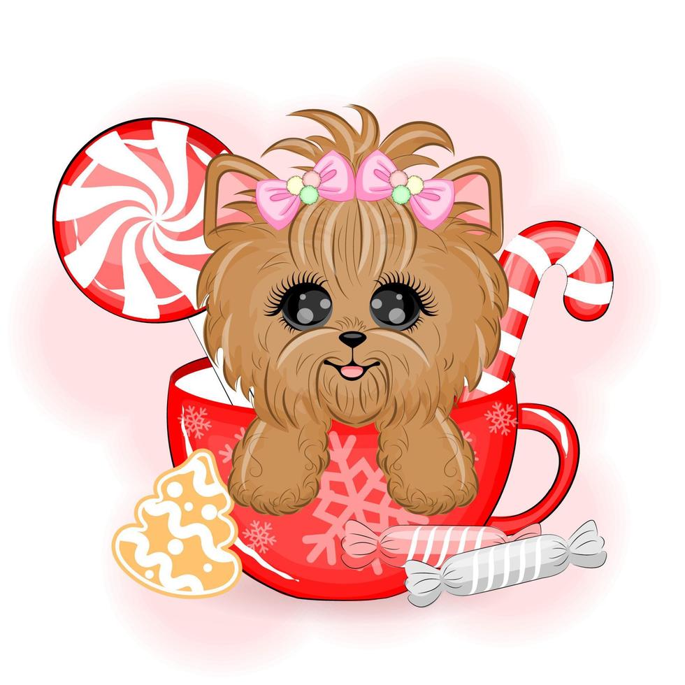 carino cane yorkshire terrier nel un' ciotola con Natale caramella vettore illustrazione