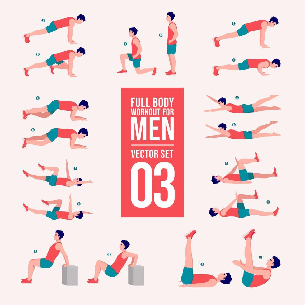 allenarsi uomini impostare. maschio fare fitness e yoga esercizi. affondi e squat, tavola e abc. pieno corpo allenamento. vettore