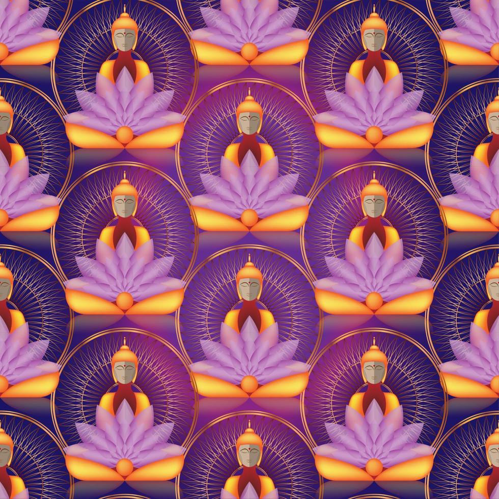 senza soluzione di continuità seduta Budda al di sopra di oro mandala e loto fiori. esoterico vettore illustrazione. Vintage ▾ decorativo cultura sfondo. indiano, buddismo, spirituale arte. d'oro, spiritualità, tailandese Dio, yoga