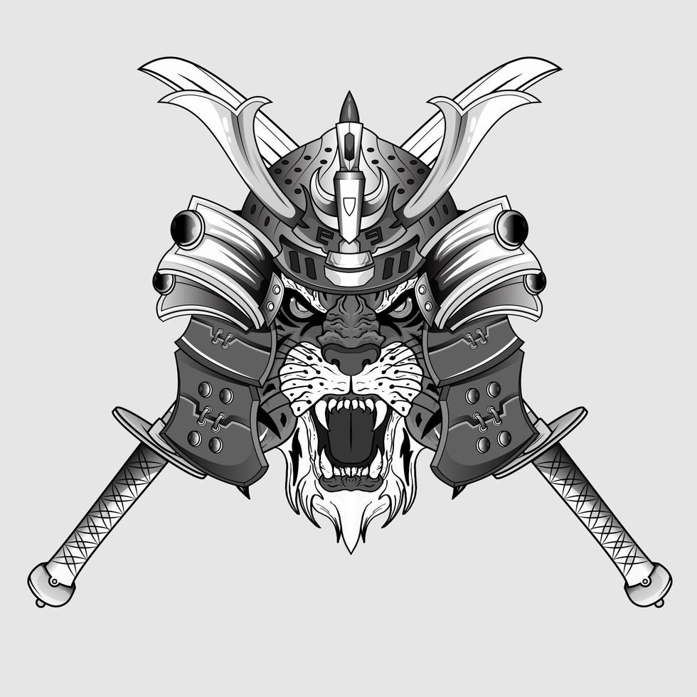 mano disegnato giapponese design samurai tigre casco cavaliere testa opera d'arte nero e bianca vettore