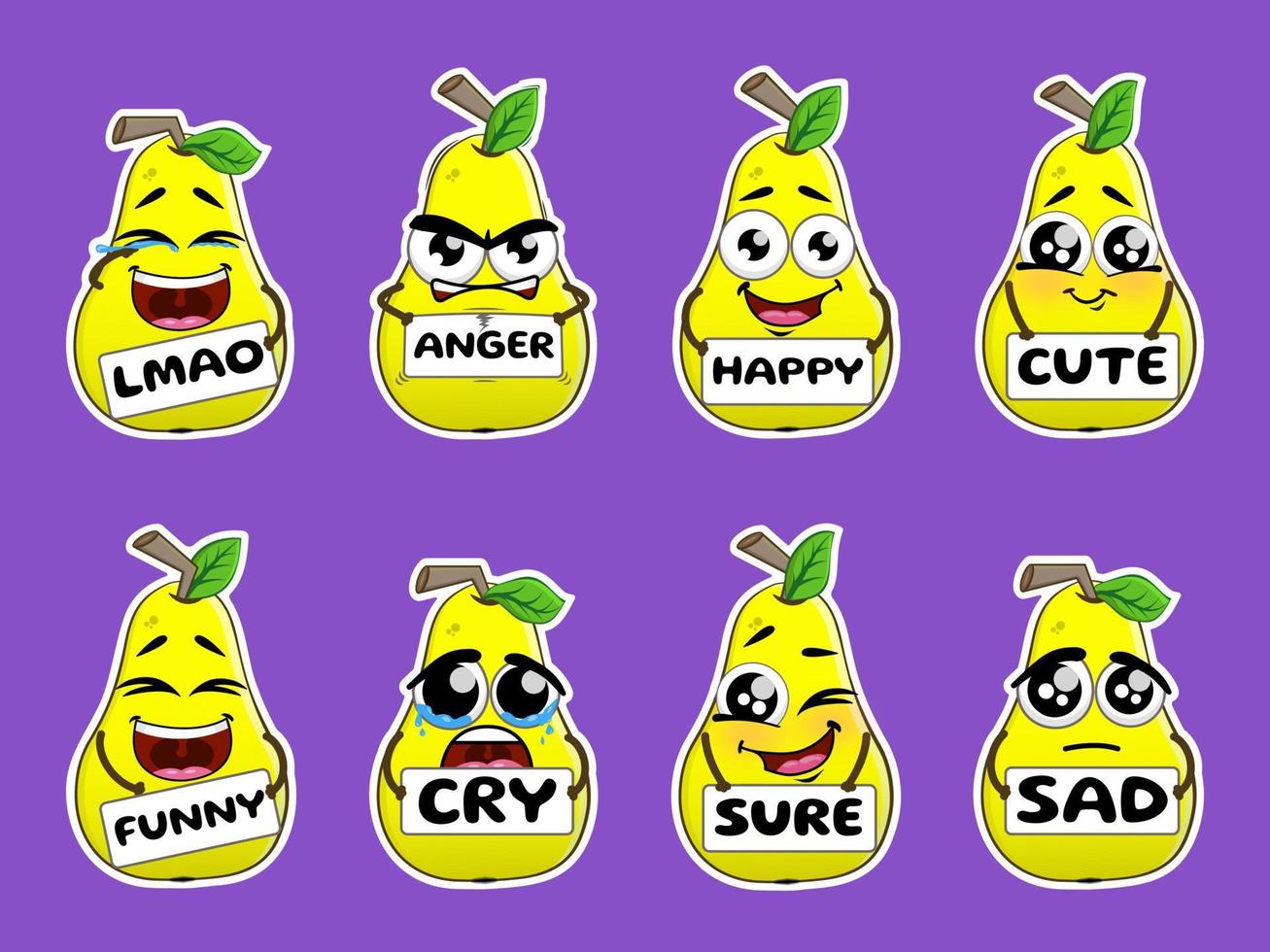 impostato di carino divertente giallo Pera personaggio con diverso emozioni. vettore illustrazione, adesivi nel cartone animato stile.