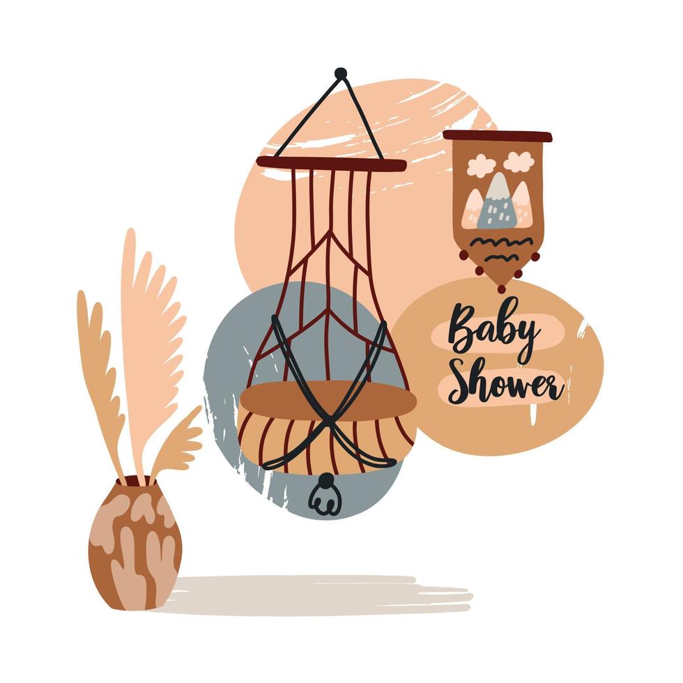 bambino boho asilo manifesto swing vaso. carino scandinavo pastello illustrazione. lettering bambino doccia. piatto boemo vettore su neutro sfondo