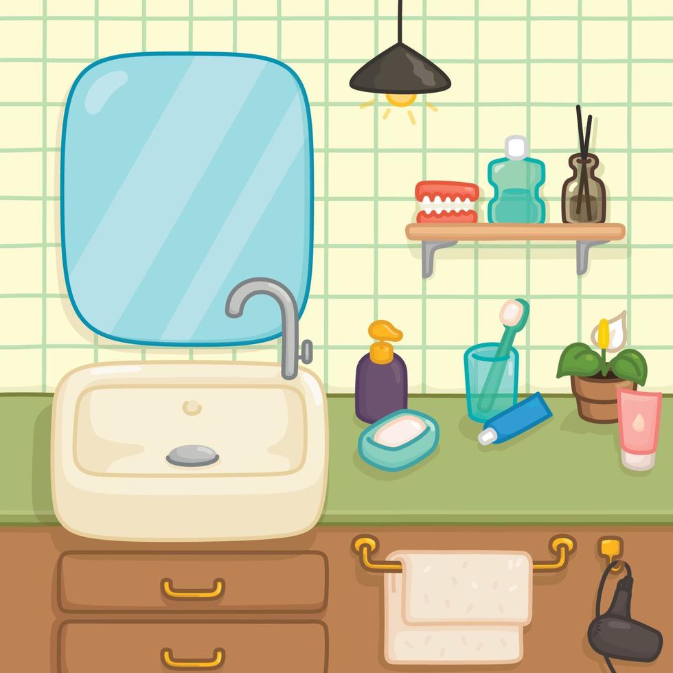 lavabo nel asciutto zona bagno kawaii scarabocchio piatto cartone animato vettore illustrazione