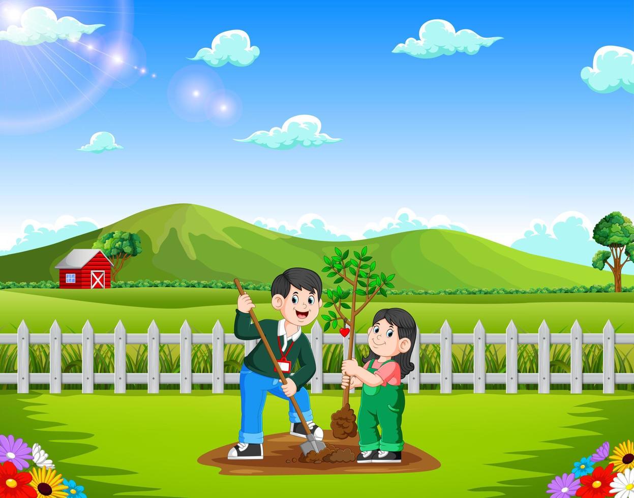padre e figlia piantare albero nel il parco vettore