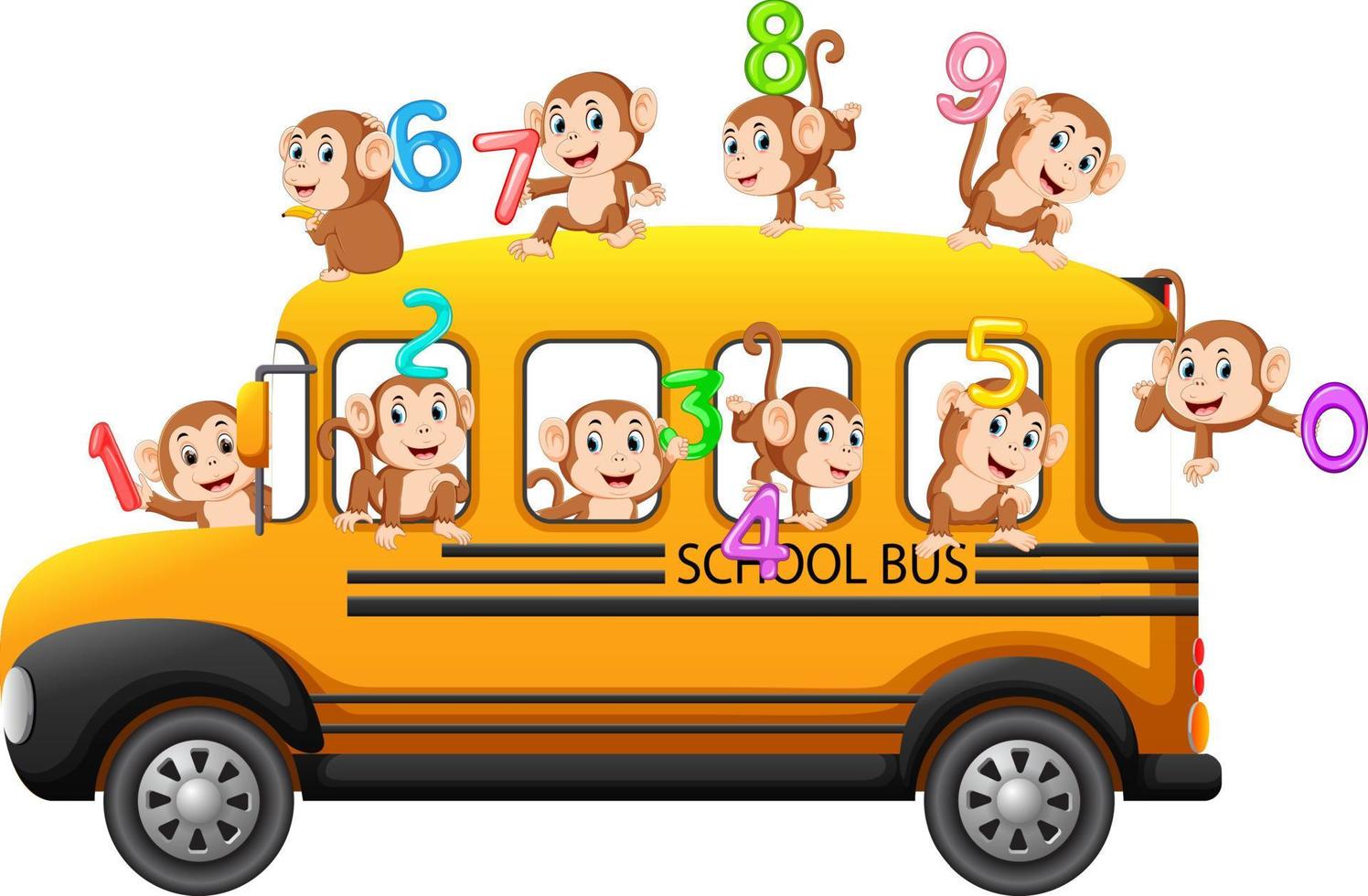 andiamo contare con scimmia su il scuola autobus vettore