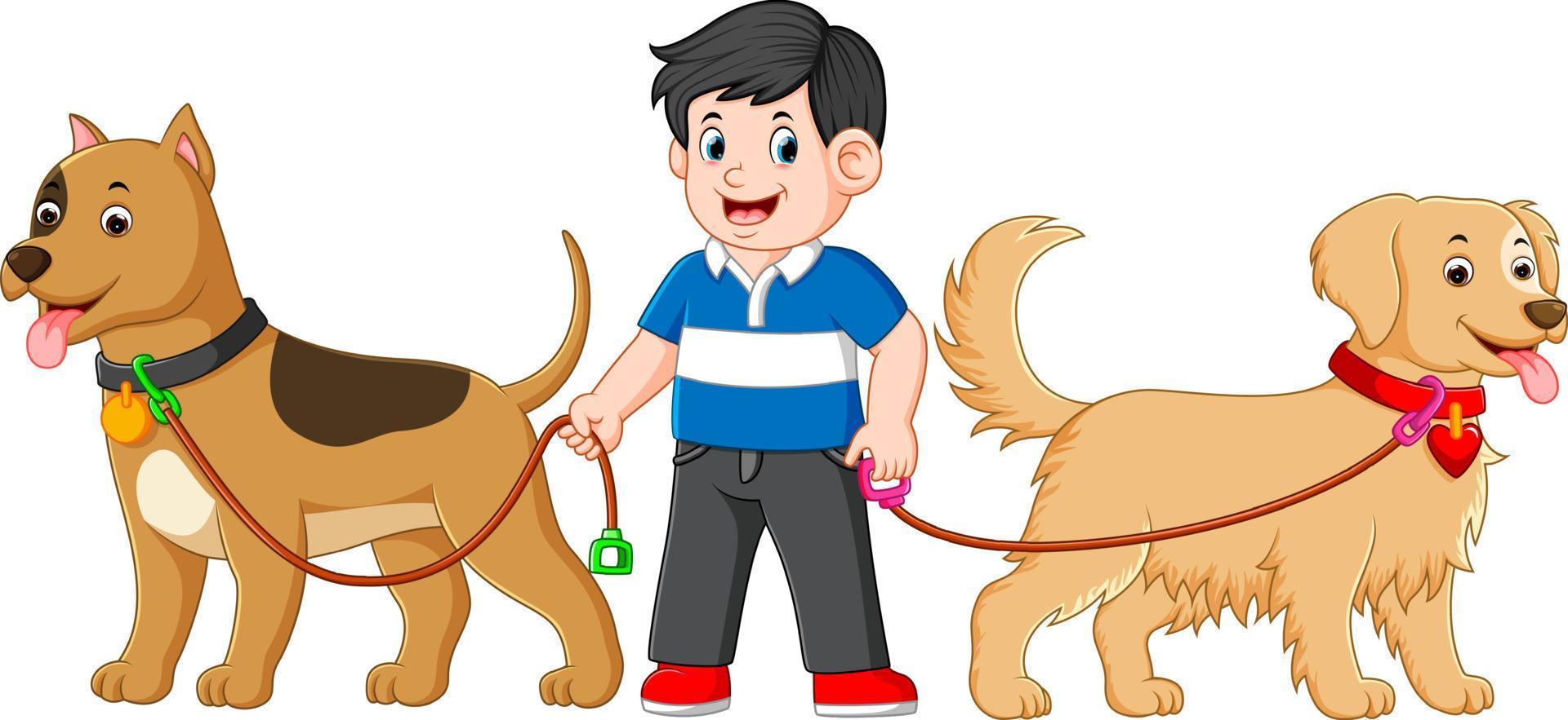 un' ragazzo è in piedi fra Due grande carino cane e utilizzando un' blu camicia vettore