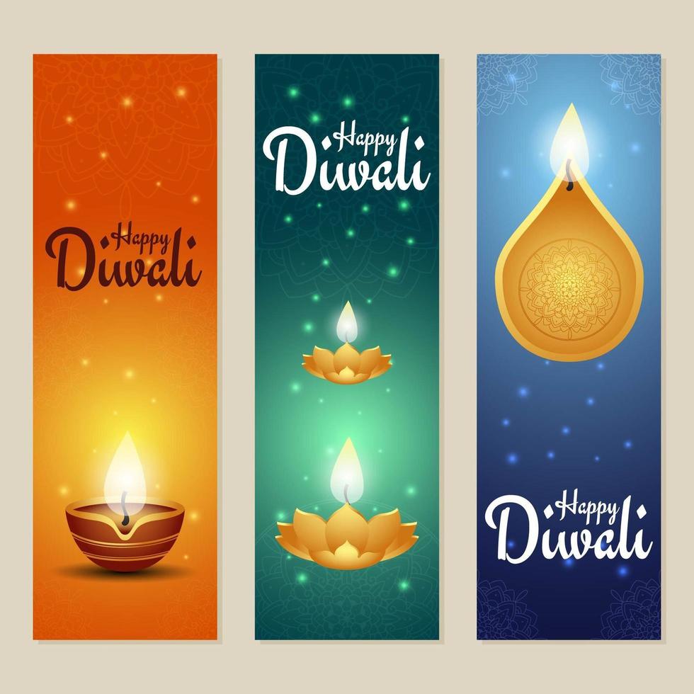 bellissimo set di banner diwali con diya vettore