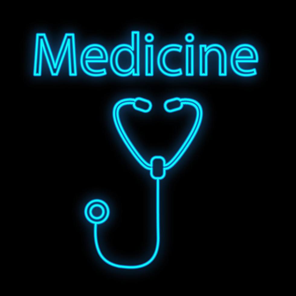 luminosa luminoso blu medico digitale neon cartello per un' farmacia o ospedale memorizzare bellissimo brillante con un' stetoscopio o fonendoscopio e il iscrizione medicina su un' nero sfondo. vettore