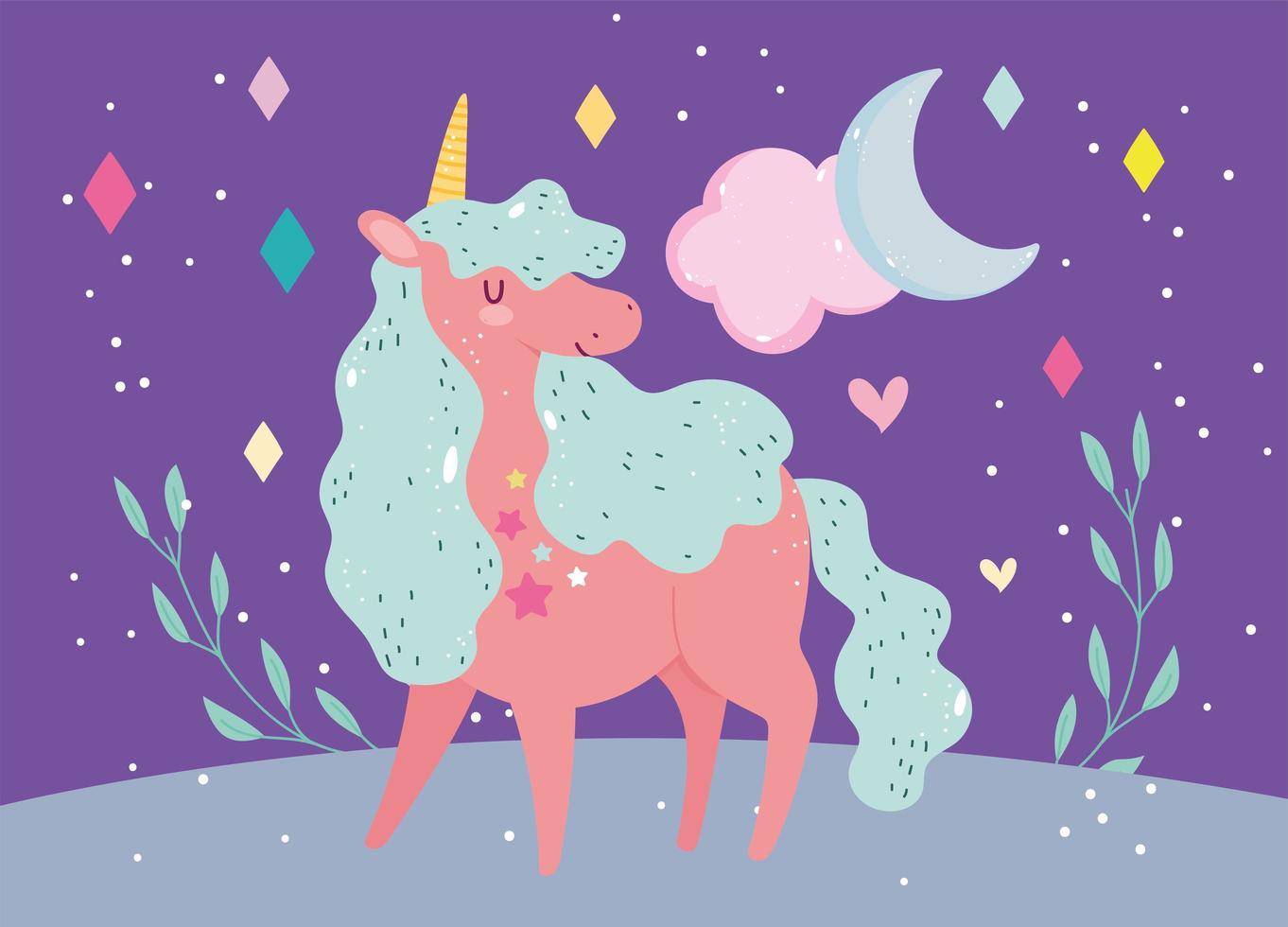 unicorno magico del fumetto con la bandiera della luna vettore