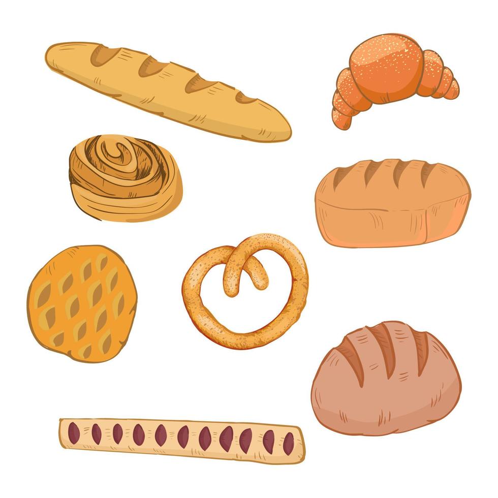 vettore illustrazione con impostato nel disegnato a mano stile su il tema di cottura al forno e Farina prodotti. rotoli, pane, pagnotta, baguette, bagel, Cornetti, torta e altro forno prodotti a partire dal un' forno o Pasticcino negozio