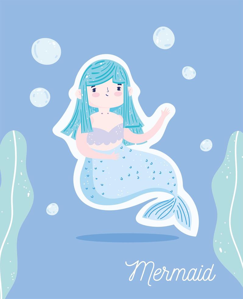 sirena blu simpatico cartone animato sott'acqua vettore