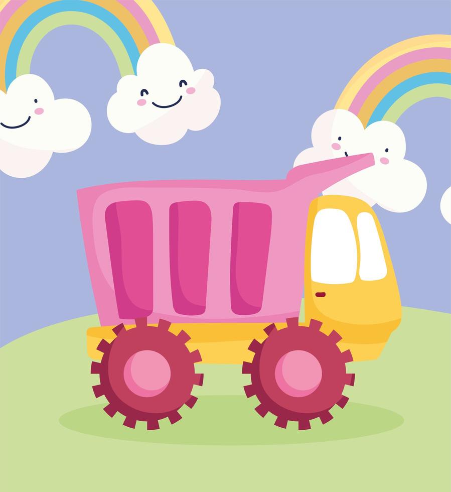 camion di plastica nell'erba con arcobaleni vettore