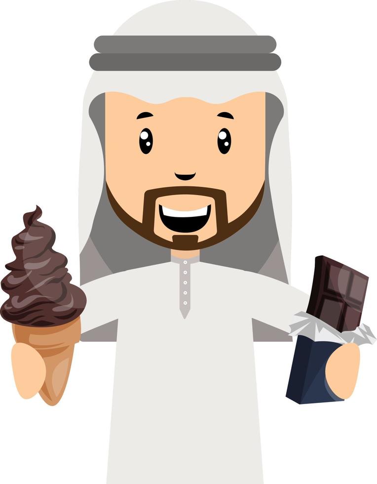 arabo uomini con cioccolato, illustrazione, vettore su bianca sfondo.