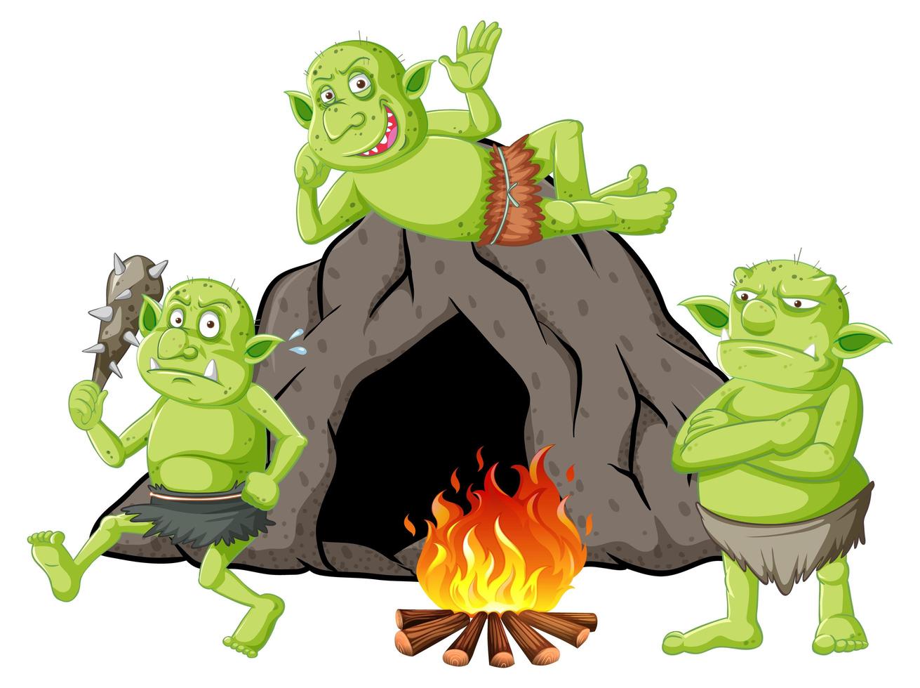 goblin o troll con casa grotta e fuoco da campo vettore