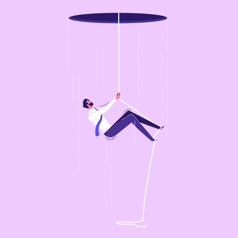 uomo d'affari arrampicata su su un' corda. vettore illustrazione concetto di determinazione, sforzo, forza, e sfida, piatto vettore illustrazione