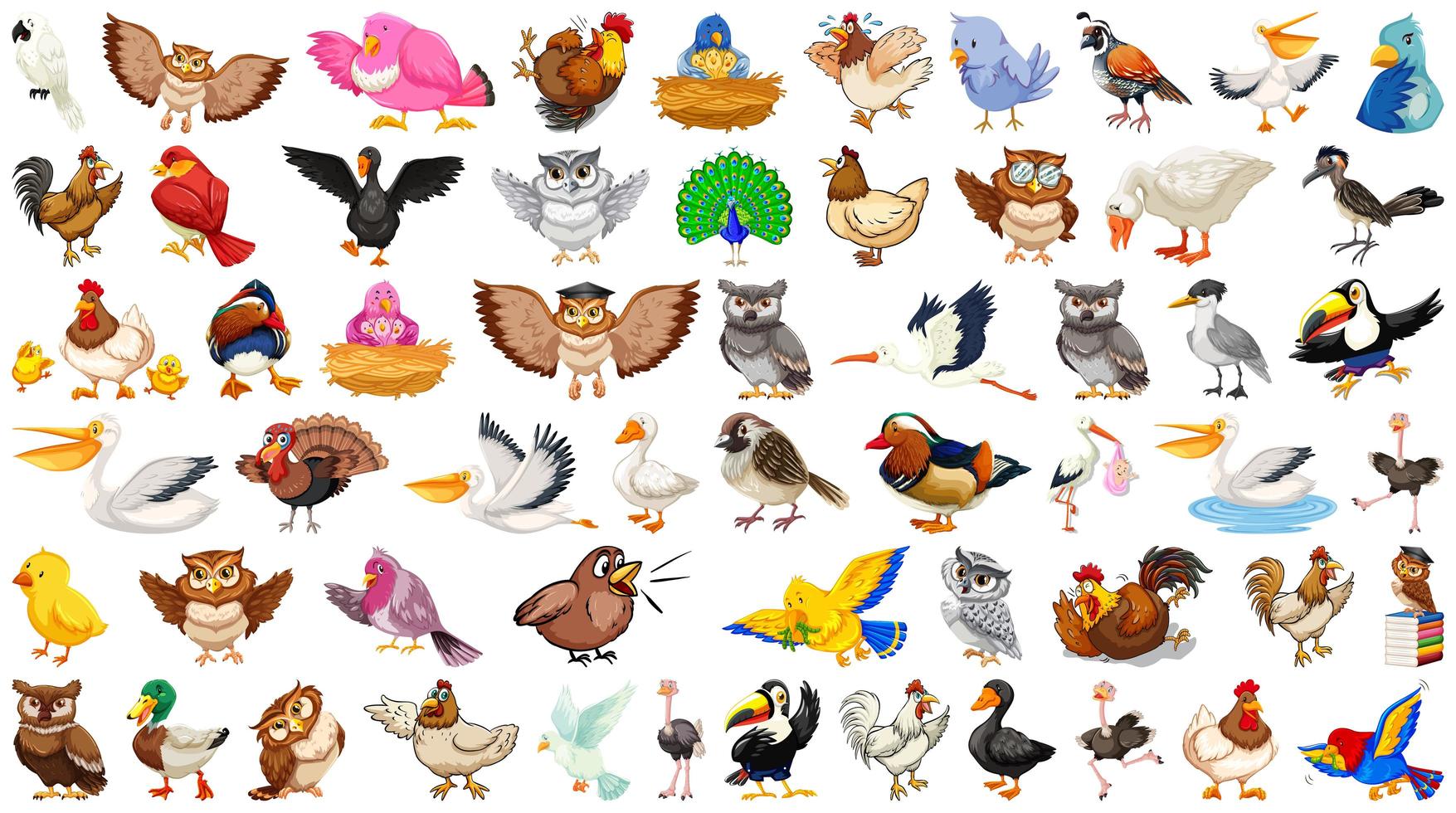 set di diversi uccelli in stile cartone animato isolato su bianco vettore
